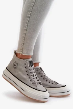 Ocieplane Trampki Damskie Na Platformie Eko Skórzane Big Star OO274070 Szare