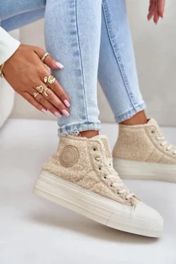 Ocieplane Trampki Damskie Z Futerkiem Typu Baranek Big Star OO274A444 Beżowe