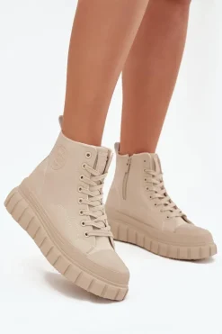 Ocieplane Trampki Damskie Na Platformie Z Eko Skóry Big Star SS274535 Beżowe