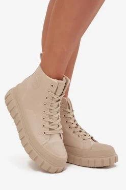 Ocieplane Trampki Damskie Na Platformie Z Eko Skóry Big Star SS274535 Beżowe