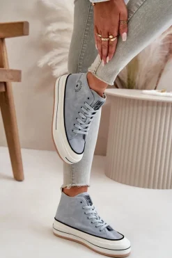 Ocieplane Trampki Damskie Na Platformie Eko Skórzane Big Star OO274069 Niebieskie