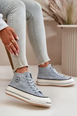 Ocieplane Trampki Damskie Na Platformie Eko Skórzane Big Star OO274069 Niebieskie