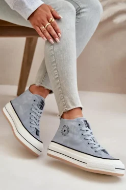 Ocieplane Trampki Damskie Na Platformie Eko Skórzane Big Star OO274069 Niebieskie