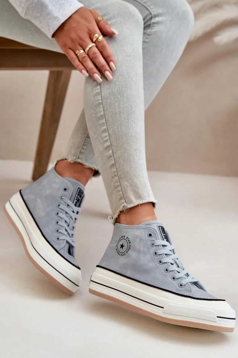 Ocieplane Trampki Damskie Na Platformie Eko Skórzane Big Star OO274069 Niebieskie