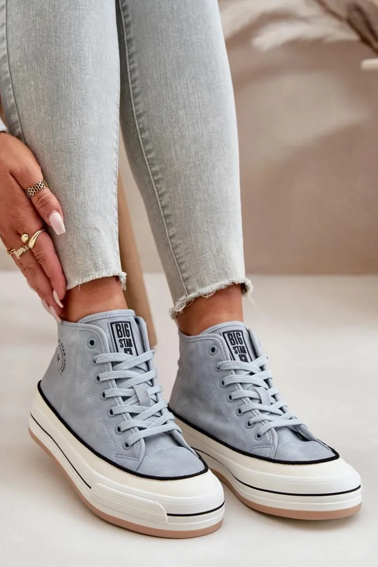 Ocieplane Trampki Damskie Na Platformie Eko Skórzane Big Star OO274069 Niebieskie