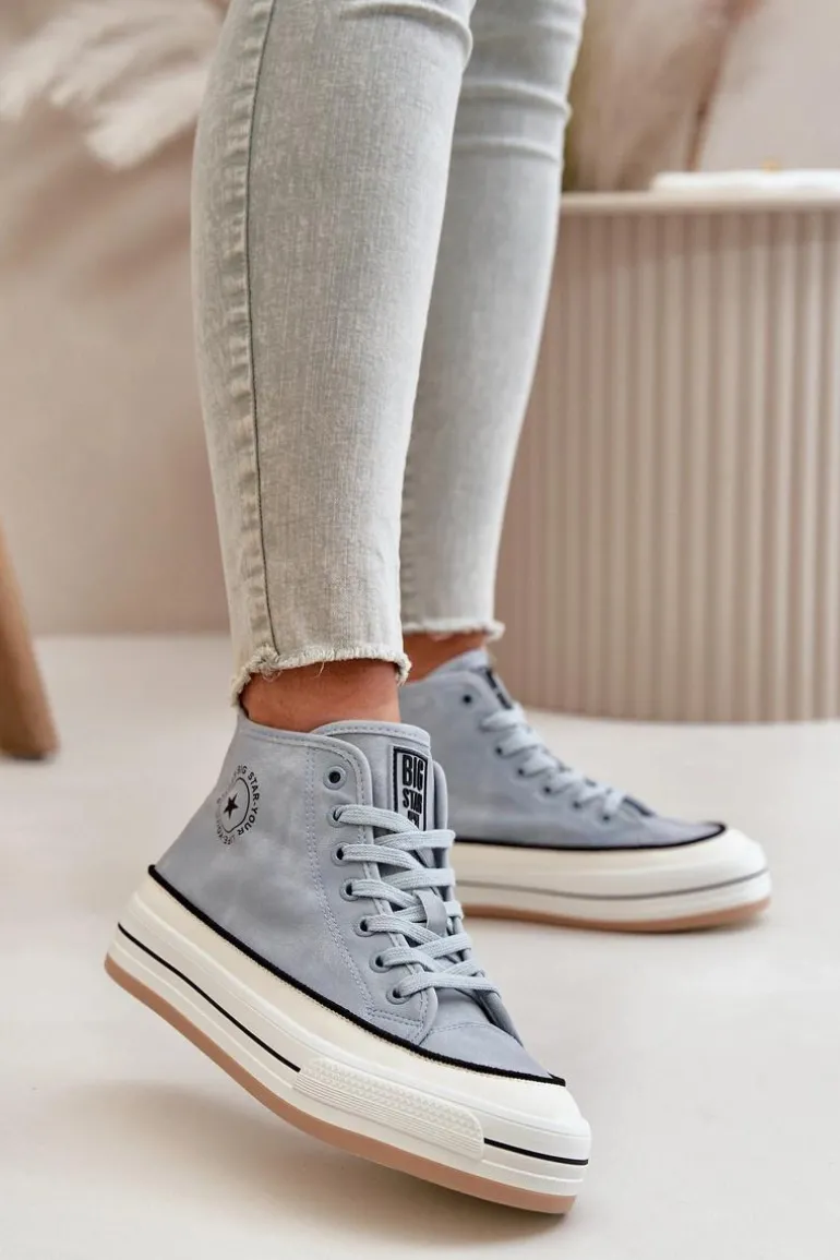 Ocieplane Trampki Damskie Na Platformie Eko Skórzane Big Star OO274069 Niebieskie