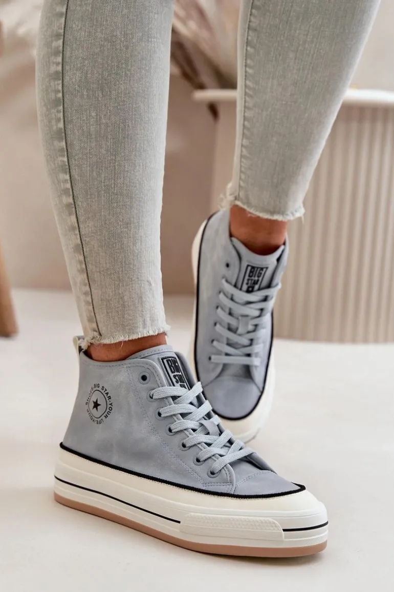 Ocieplane Trampki Damskie Na Platformie Eko Skórzane Big Star OO274069 Niebieskie