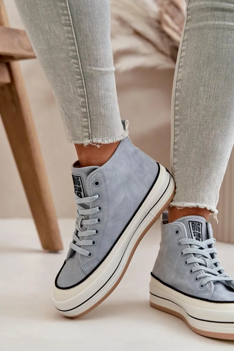 Ocieplane Trampki Damskie Na Platformie Eko Skórzane Big Star OO274069 Niebieskie