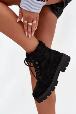 Ocieplane Trapery Botki Damskie Sznurowane Czarne Lyrinne