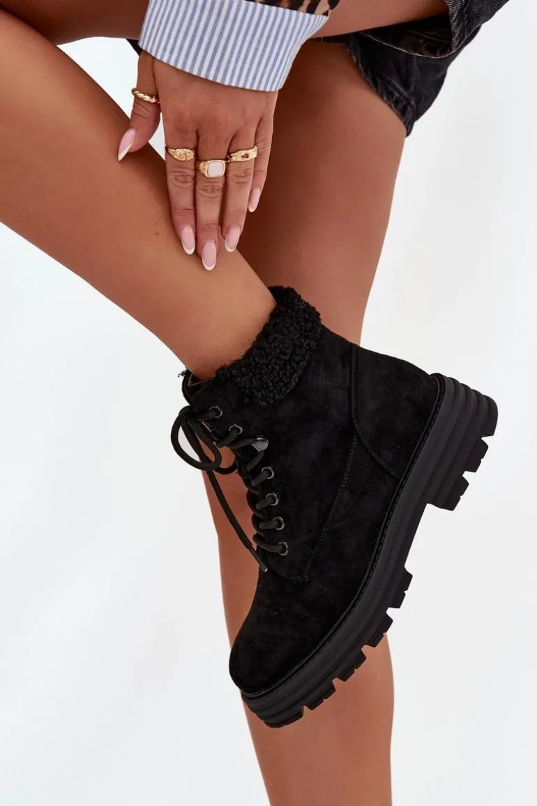Ocieplane Trapery Botki Damskie Sznurowane Czarne Lyrinne