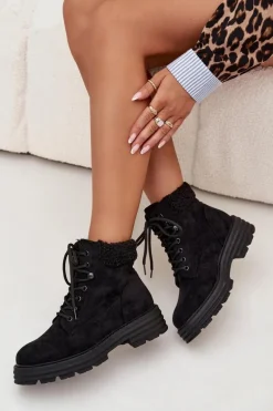 Ocieplane Trapery Botki Damskie Sznurowane Czarne Lyrinne