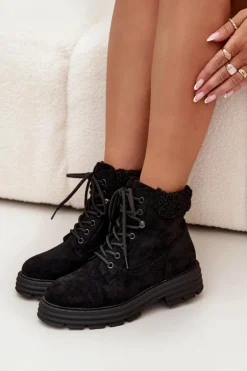 Ocieplane Trapery Botki Damskie Sznurowane Czarne Lyrinne