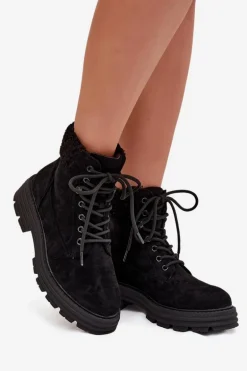 Ocieplane Trapery Botki Damskie Sznurowane Czarne Lyrinne
