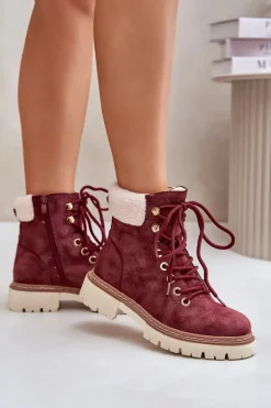 Ocieplane Trapery Botki Damskie Na Zamek Bordowe Ferelia