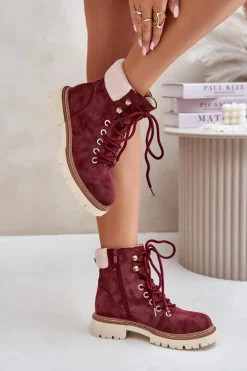 Ocieplane Trapery Botki Damskie Na Zamek Bordowe Ferelia