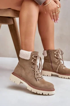 Ocieplane Trapery Botki Damskie Na Zamek Khaki Ferelia