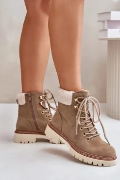 Ocieplane Trapery Botki Damskie Na Zamek Khaki Ferelia