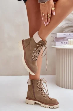 Ocieplane Trapery Botki Damskie Na Zamek Khaki Ferelia