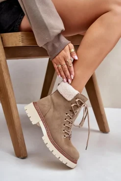 Ocieplane Trapery Botki Damskie Na Zamek Khaki Ferelia