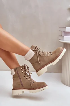 Ocieplane Trapery Botki Damskie Na Zamek Khaki Ferelia
