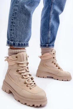 Ocieplane Trapery Botki Sznurowane Damskie Jasnobeżowe Big Star MM274664