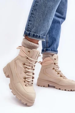Ocieplane Trapery Botki Sznurowane Damskie Jasnobeżowe Big Star MM274664