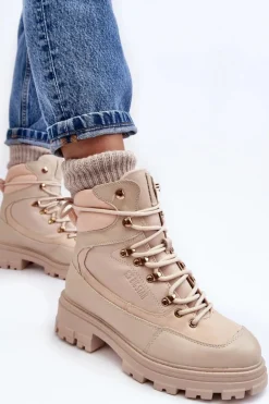 Ocieplane Trapery Botki Sznurowane Damskie Jasnobeżowe Big Star MM274664