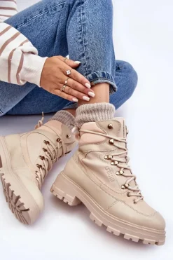 Ocieplane Trapery Botki Sznurowane Damskie Jasnobeżowe Big Star MM274664