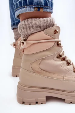 Ocieplane Trapery Botki Sznurowane Damskie Jasnobeżowe Big Star MM274664