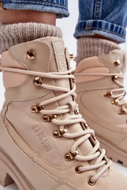 Ocieplane Trapery Botki Sznurowane Damskie Jasnobeżowe Big Star MM274664