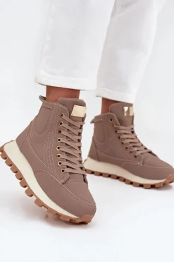 Ocieplane Trapery Damskie Na Platformie Ciemnobeżowe Marivira