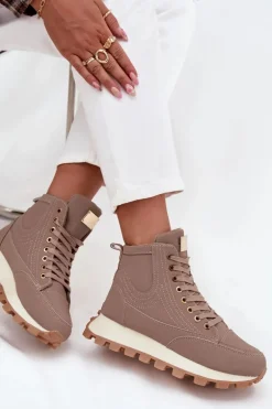 Ocieplane Trapery Damskie Na Platformie Ciemnobeżowe Marivira