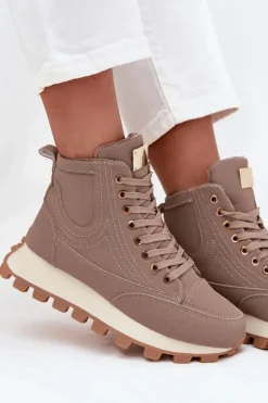 Ocieplane Trapery Damskie Na Platformie Ciemnobeżowe Marivira