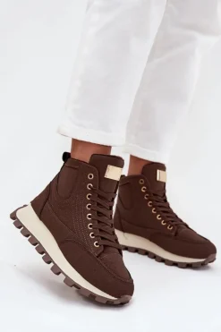 Ocieplane Trapery Damskie Na Platformie Brązowe Marivira