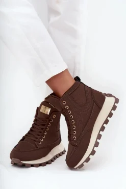 Ocieplane Trapery Damskie Na Platformie Brązowe Marivira