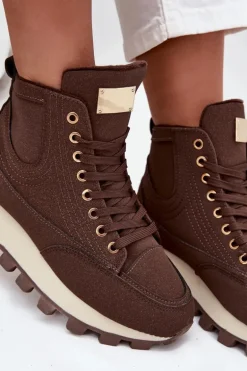 Ocieplane Trapery Damskie Na Platformie Brązowe Marivira