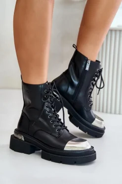 Ocieplane Workery Botki Damskie Ze Skóry Naturalnej Goe OO2N4119 Czarne