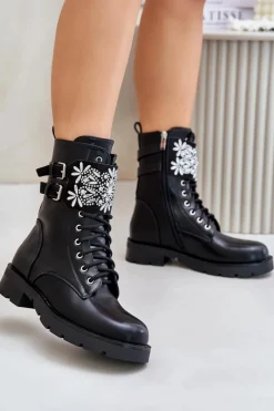 Ocieplane Workery Botki Z Ozdobnym Paskiem I Klamrami Czarne Viveria