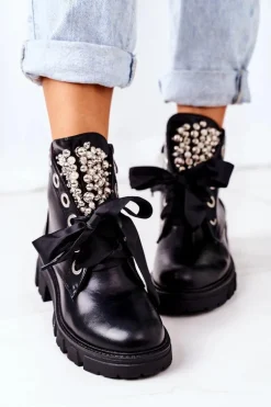 Ocieplane Workery Z Metalowymi Perełkami Czarne Perla