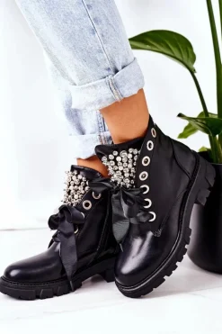 Ocieplane Workery Z Metalowymi Perełkami Czarne Perla