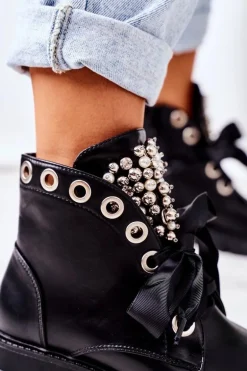 Ocieplane Workery Z Metalowymi Perełkami Czarne Perla