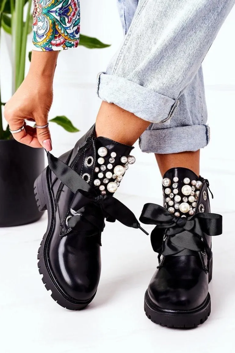 Ocieplane Workery Z Perełkami Czarne Perla