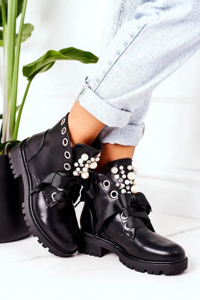 Ocieplane Workery Z Perełkami Czarne Perla