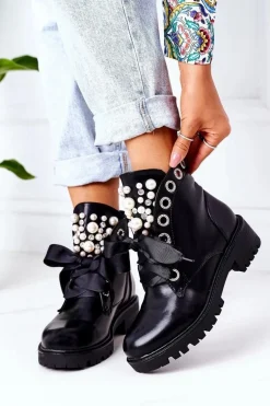 Ocieplane Workery Z Perełkami Czarne Perla