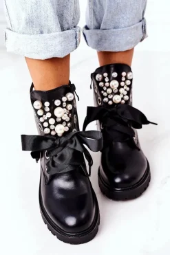 Ocieplane Workery Z Perełkami Czarne Perla