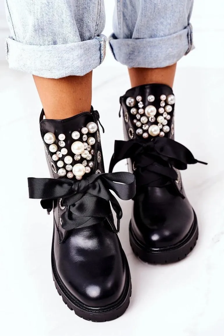 Ocieplane Workery Z Perełkami Czarne Perla