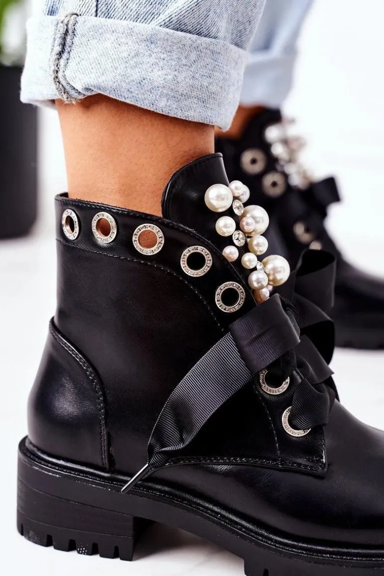 Ocieplane Workery Z Perełkami Czarne Perla