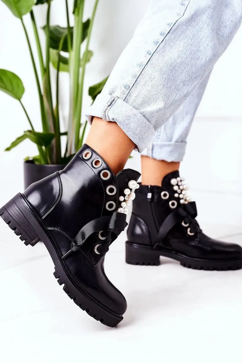 Ocieplane Workery Z Perełkami Czarne Perla