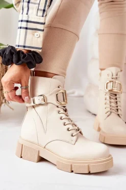 Ocieplane Workery Ze Złotą Klamrą Beżowe Maybelle