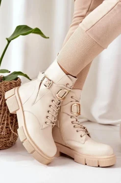 Ocieplane Workery Ze Złotą Klamrą Beżowe Maybelle